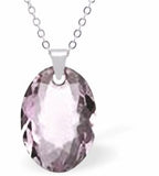 Austrian Crystal Multi Faceted Oval Elliptic Necklace Light Amethyst Purple in Colour 16mm in size Choice of 18" Stainless Steel or Sterling Silver Chain Hypo allergenic: Free from Lead, Nickel and Cadmium See matching earrings EL79 Delivered in a soft, black, velveteen pouch