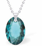 Austrian Crystal Multi Faceted Oval Elliptic Necklace Blue Zircon in Colour 16mm in size Choice of 18" Stainless Steel or Sterling Silver Chain Hypo allergenic: Free from Lead, Nickel and Cadmium See matching earrings EL81 Delivered in a soft, black, velveteen pouch