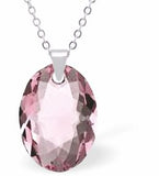 Austrian Crystal Multi Faceted Oval Elliptic Necklace Light Rose Pink in Colour 16mm in size Choice of 18" Stainless Steel or Sterling Silver Chain Hypo allergenic: Free from Lead, Nickel and Cadmium See matching earrings EL83 Delivered in a soft, black, velveteen pouch