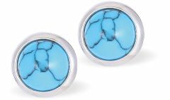 Classic Round Turquoise Blue Stud Earrings Golden Coloured Titanium Steel 8mm in size Hypoallergenic: Nickel, Lead and Cadmium Free  Delivered in a soft, black, velveteen pouch