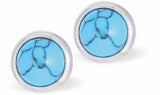 Classic Round Turquoise Blue Stud Earrings, Rhodium Plated