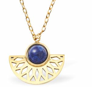 Golden Fan Necklace with Central Synthetic Blue Lapis Lazuli 18mm in size Hypoallergenic: Nickel, Lead and Cadmium Free Delivered in a soft, grey, velveteen pouch