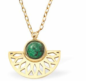 Golden Fan Necklace with central synthetic Green Sesame Jasper 18mm in size Hypoallergenic: Nickel, Lead and Cadmium Free Delivered in a soft, black, velveteen pouch