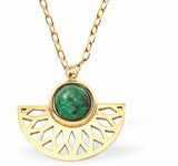 Golden Fan Necklace with central synthetic Green Sesame Jasper