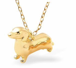 Golden Daschund Dog Necklace 10mm in size Hypoallergenic: Nickel, Lead and Cadmium Free Delivered in a soft, grey, velveteen pouch