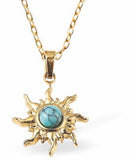 Golden Shadow Sun Necklace with Central Turquoise Stone 14mm in size with 18" Chain Hypoallergenic: Nickel, Lead and Cadmium Free Delivered in a soft, black, velveteen pouch