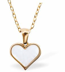 Golden Framed White Heart Necklace
15mm, Rhodium Plated

18" Chain, Golden Chain and Frame
Hypoallergenic: Nickel, Lead and Cadmium free
Delivered in a soft, black, velveteen pouch