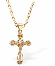 Golden Coloured Cross Necklace
28mm, Rhodium Plated

18" Chain, Golden Chain and Frame
Hypoallergenic: Nickel, Lead and Cadmium free
Delivered in a soft, black, velveteen pouch