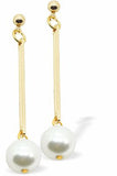 Golden Long Drop Earrings with White Pearl 40mm drop Rhodium Plated Earwires Hypoallergenic: Nickel, Lead and Cadmium Free Delivered in a soft, black, velveteen pouch