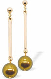 Golden Long Drop Earrings with Bronze Pearl 40mm long drop Rhodium Plated Earwires Hypoallergenic: Nickel, Lead and Cadmium Free Delivered in a soft, black, velveteen pouch