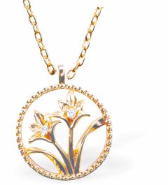 Golden Coloured Circular Framed Flowers Necklace
20mm, Rhodium Plated

18" Chain, Golden Chain and Frame
Hypoallergenic: Nickel, Lead and Cadmium free
Delivered in a soft, black, velveteen pouch