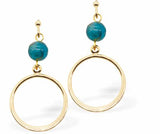 Golden Drop Earrings with Circle and Turquoise Bead, Rhodium Plated