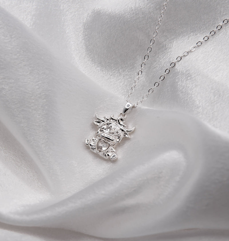Silver Coloured Bonnie the Long Horn Highland Cow Necklace with a choice of chains