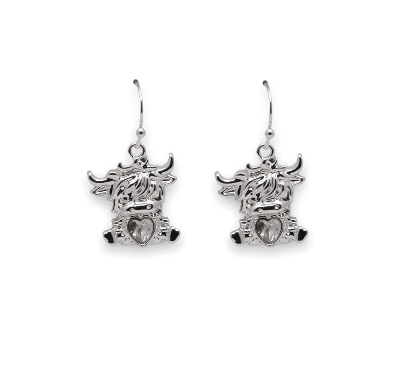 Silver Coloured Bonnie the Long Horn Highland Cow Drop Earrings, Rhodium Plated