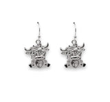 Silver Coloured Bonnie the Long Horn Highland Cow Drop Earrings, Rhodium Plated