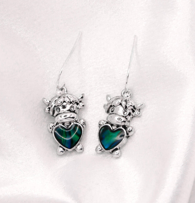 Silver Coloured Bessie the Long Horn Highland Cow Drop Earrings, Rhodium Plated