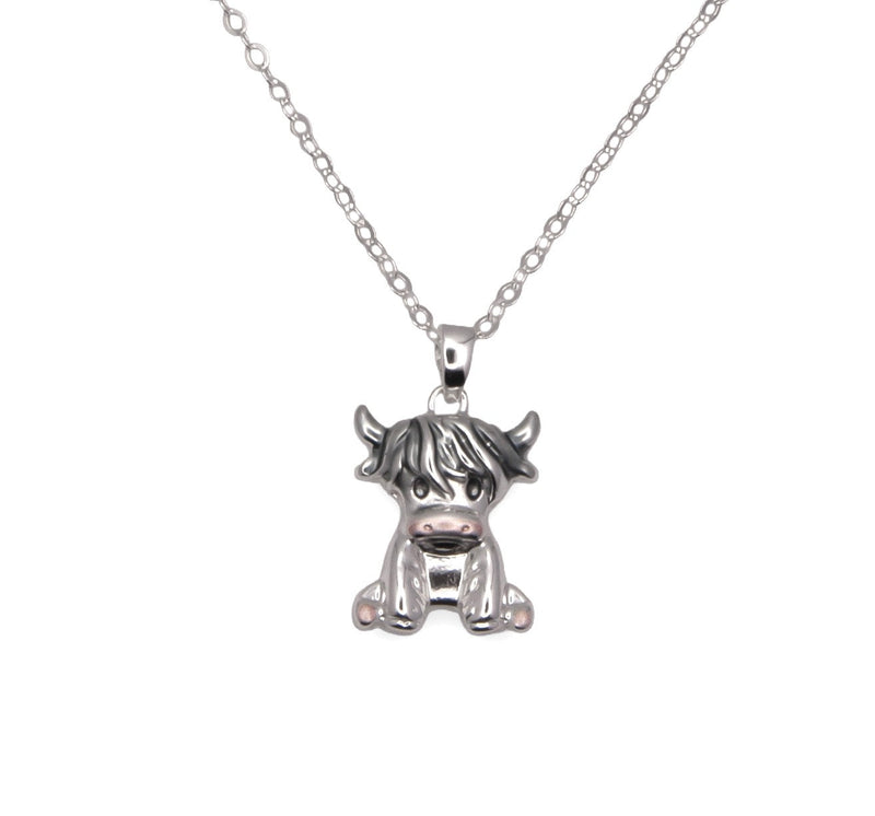 Silver Coloured Rosie the Long Horn Highland Cow Necklace with a choice of chains