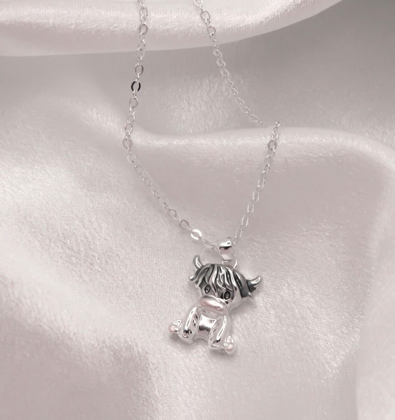 Silver Coloured Rosie the Long Horn Highland Cow Necklace with a choice of chains