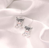 Silver Coloured Rosie the Long Horn Highland Cow Drop Earrings, Rhodium Plated