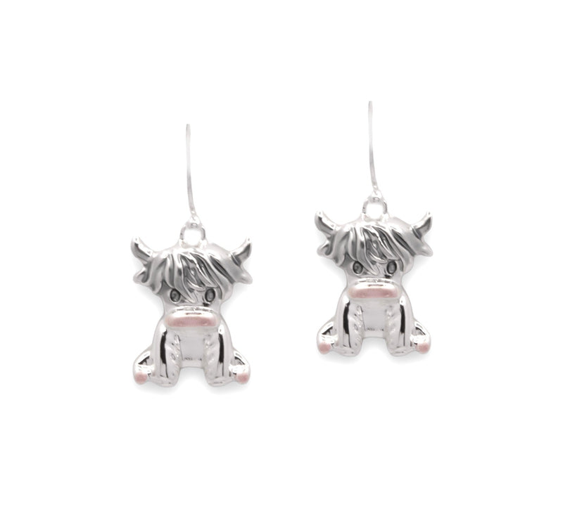 Silver Coloured Rosie the Long Horn Highland Cow Drop Earrings, Rhodium Plated