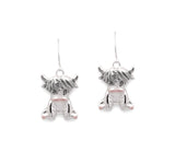 Silver Coloured Rosie the Long Horn Highland Cow Drop Earrings, Rhodium Plated