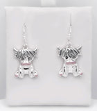 Silver Coloured Rosie the Long Horn Highland Cow Drop Earrings, Rhodium Plated