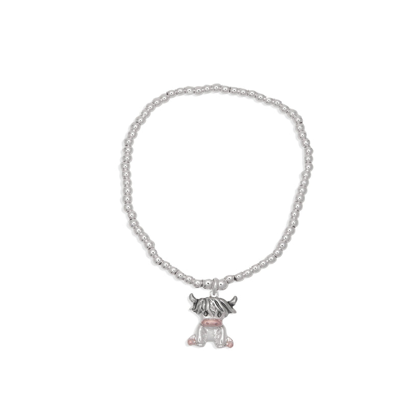 Stretch Charm Bracelet with Silver Coloured Beads and Rosie Highland Cow Charm