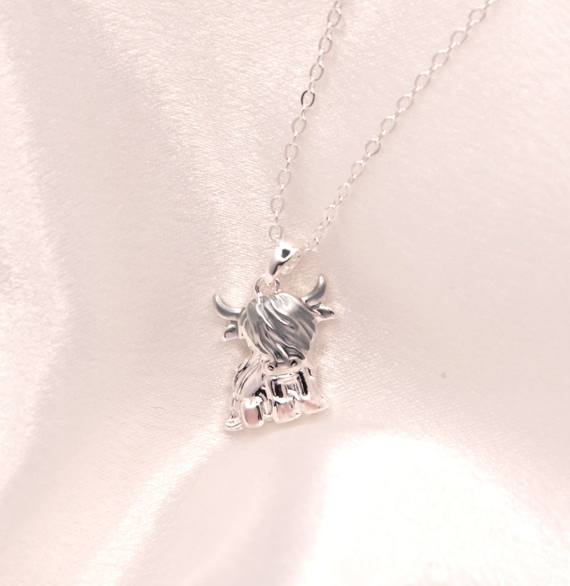 Silver Coloured Twyla the Long Horn Highland Cow Necklace with a choice of chains