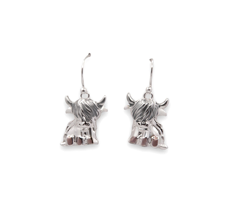 Silver Coloured Twyla the Long Horn Highland Cow Drop Earrings, Rhodium Plated