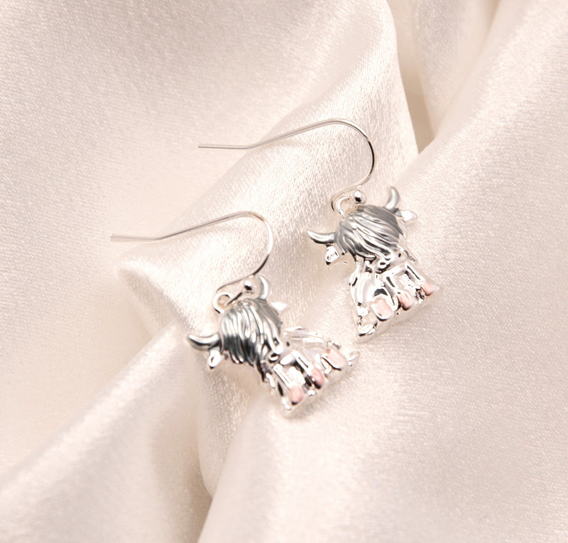 Silver Coloured Twyla the Long Horn Highland Cow Drop Earrings, Rhodium Plated