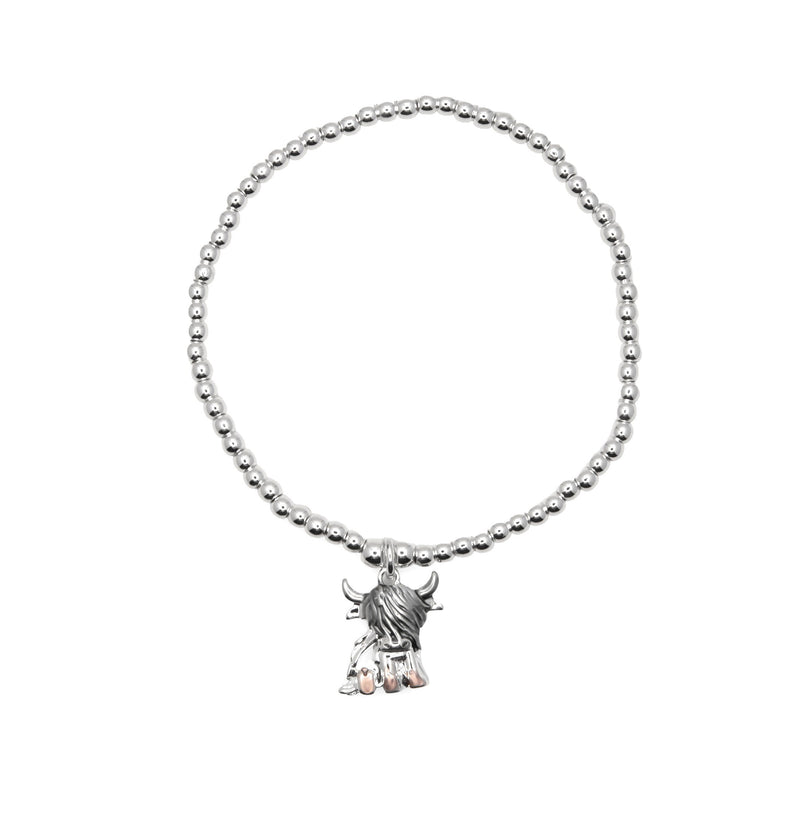 Stretch Charm Bracelet with Silver Coloured Beads and Twyla Highland Cow Charm