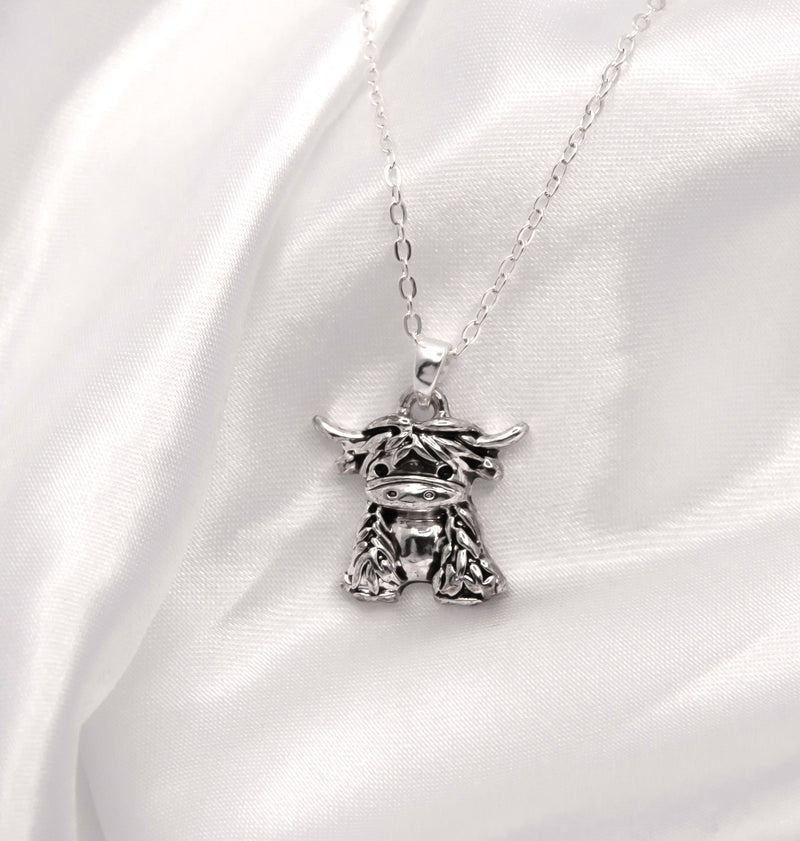 Silver Coloured Maisie the Long Horn Highland Cow Necklace with a choice of chains