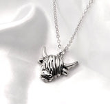 Silver Coloured Aileen Long Horn Highland Cow Necklace with a choice of chains