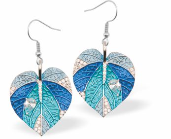 Designer Rain Forest Leaves Drop Earrings in Various Blues
Hypoallergenic: Nickel, Lead and Cadmium Free
18mm in size
Colour:&nbsp;Blue

Delivered in a soft, black, velveteen pouch