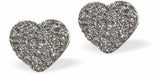 Sparkling multi crystalled pave Heart Stud Earrings Silver Night Grey Colour Rhodium Plated. 8mm in size Hypoallergenic; Free from cadmium, lead and nickel Delivered in a soft, black, velveteen pouch