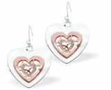 Heart in Heart Drop Earrings Rose Gold and Silver Colour Rhodium Plated, 21mm in size See matching Necklace K614 Delivered in a soft, black, velveteen pouch