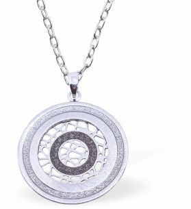 Glitzy Circular Necklace in Grey, Silver and Black Rhodium Plated, 28mm in size See matching Earrings K617 Hypoallergenic; Free from cadmium, lead and nickel Delivered in a soft, black, velveteen pouch