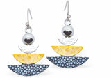 Fan style Drop Earrings in Grey, Silver and Black, Rhodium Plated