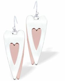 Long Wild Heart Drop Earrings Silver and Rose Gold Colour Rhodium Plated, 28mm in size See matching Necklace K620 Hypoallergenic; Free from cadmium, lead and nickel Delivered in a soft, black, velveteen pouch