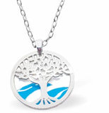 Framed Tree of Life Necklace with White and Blue Background Rhodium Plate, 25mm in size See matching Earrings K623 Hypoallergenic; Free from cadmium, lead and nickel Delivered in a soft, black, velveteen pouch