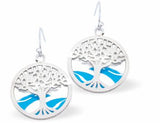 Framed Tree of Life Drop Earrings with White and Blue Background Rhodium Plate, 25mm in size See matching necklace K622 Hypoallergenic; Free from cadmium, lead and nickel Delivered in a soft, black, velveteen pouch