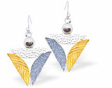Hollow Triangle Earrings Silver, Gold and Black Coloured Rhodium Plate, 22mm in size See matching Necklace K626 Hypoallergenic; Free from cadmium, lead and nickel Delivered in a soft, black, velveteen pouch