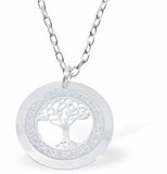 Circular Framed Glitzy Tree of Life Necklace Rhodium Plated, Hypoallergenic; Lead, Cadmium and Nickel Free 25mm in size Colour: Silver See matching earrings K628 Chain: Rhodium Plated, 18" / 3" Extension Delivered in a soft, black, velveteen pouch