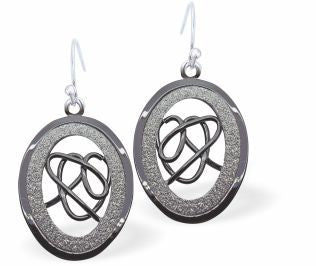 Black and Grey Glitzy Oval Earrings Rhodium Plated, Hypoallergenic; Lead, Cadmium and Nickel Free 28mm in size Colour: Brown, Gold and Silver See matching earrings K630 Chain: Rhodium Plated, 18" / 3" Extension Delivered in a soft, black, velveteen pouch