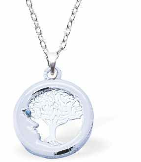 Tree of Life in Crescent Moon Necklace Silver Coloured, Rhodium Plate 22mm in size See matching Earrings K633 Hypoallergenic; Free from cadmium, lead and nickel Delivered in a soft, black, velveteen pouch