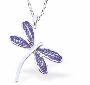 Silver Night Grey Dragonfly in Flight Necklace Rhodium Plate, 40mm in size Hypoallergenic; Free from cadmium, lead and nickel Delivered in a soft, black, velveteen pouch