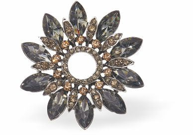 Sparkly, Black Diamond Flower Brooch, Rhodium Plated