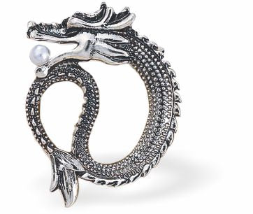 Dragon with Pearl Brooch
Rhodium Plated,&nbsp; 33mm in size

Hypoallergenic: Nickel, Lead and Cadmium Free
Delivered in a soft, black, velveteen pouch