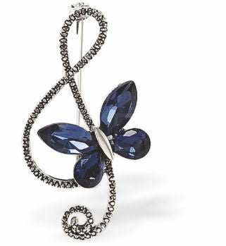 Sparkly Treble Clef with Butterfly Brooch
Rhodium Plated,&nbsp; 44mm in size

Hypoallergenic: Nickel, Lead and Cadmium Free
Delivered in a soft, black, velveteen pouch