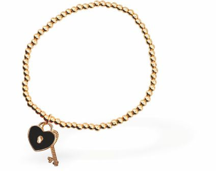 Designer Dainty Heart "Key to my Heart" Bracelet
Stretch, Golden Coloured and Rhodium Plated
Hypoallergenic: Nickel, Lead and Cadmium Free

Colour:&nbsp;Golden and Black

Delivered in a soft, black, velveteen pouch